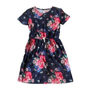 GAP Kids Sz L 100% Cotton Navy Blue Floral Short Sleeve Shirt Dress Fit & Flare